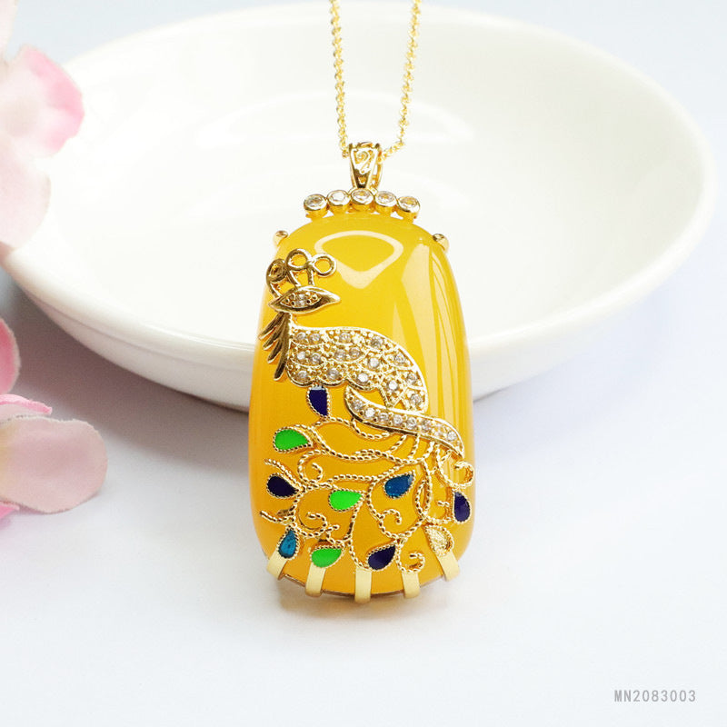 Yellow Chalcedony Cloisonné Phoenix Plaque Pendant — No Chain