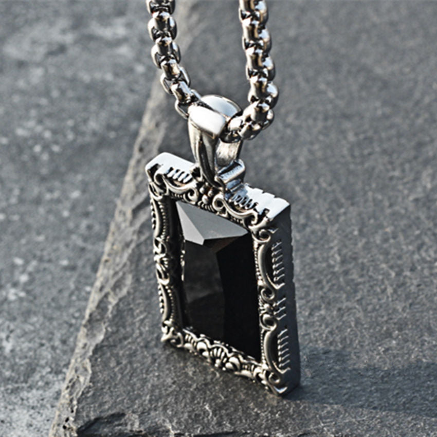 Planderful Pendant For Men And Women Retro Engraved Rectangle Black Stone Titanium Steel Unisex Bold Hip Hop Style