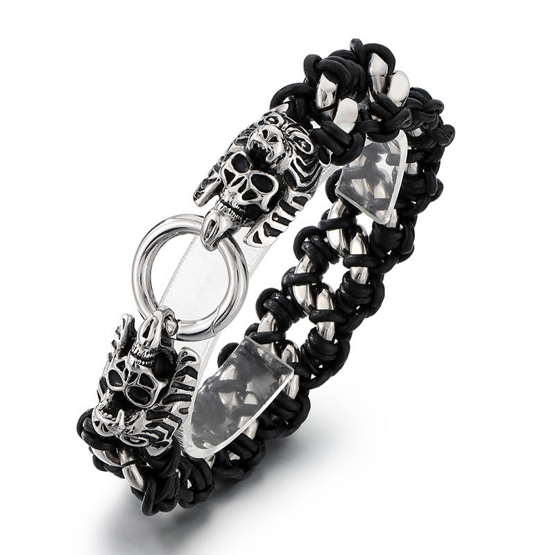 Planderful Mens Woven Leather Skull Bracelet Dragon Head