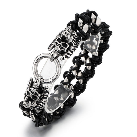 Planderful Mens Woven Leather Skull Bracelet Dragon Head