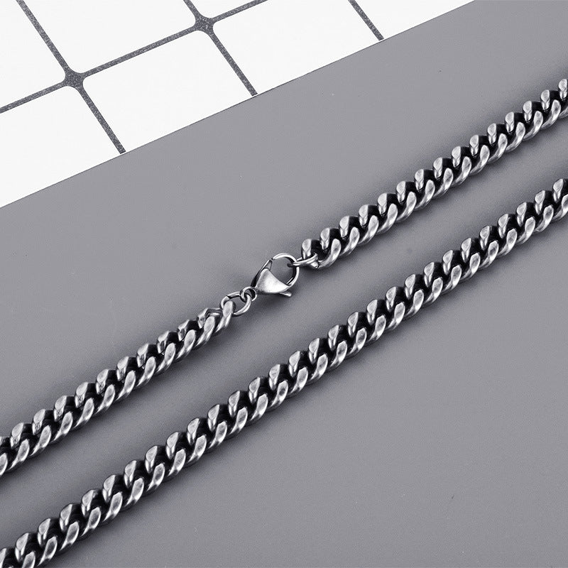 Chain, Retro And Old 8mm Boiled Black Double-Sided Grinding Cuban Chain Stainless Steel Necklace