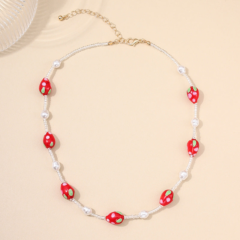 Sweet Strawberry Heart Necklace with Pearl Detail