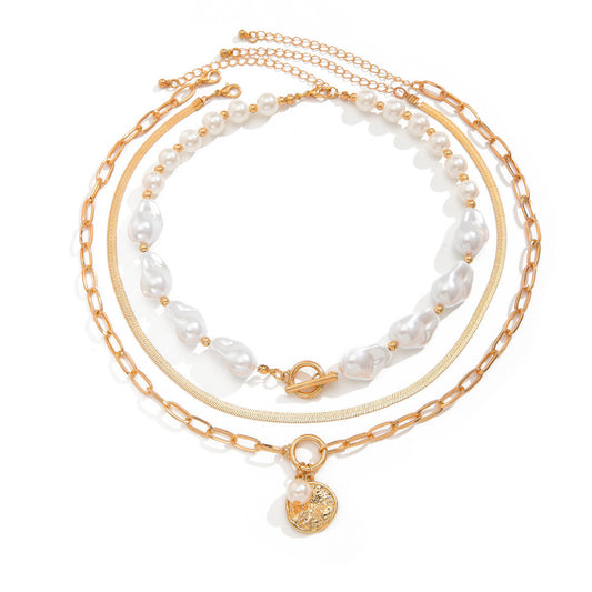 Baroque Pearl & Disc Pendant Layered Necklace Set