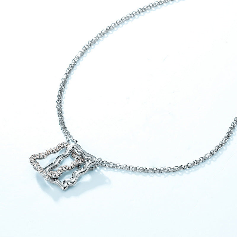 Double Hollow Wavy Rectangle Pendant Zircon Sterling Silver Necklace