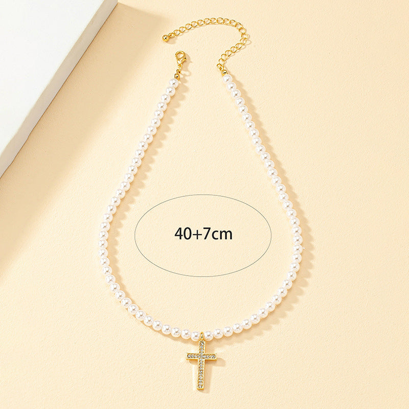 Opulent Pearl Cross Necklace - Elegant Women's Fashion Jewelry