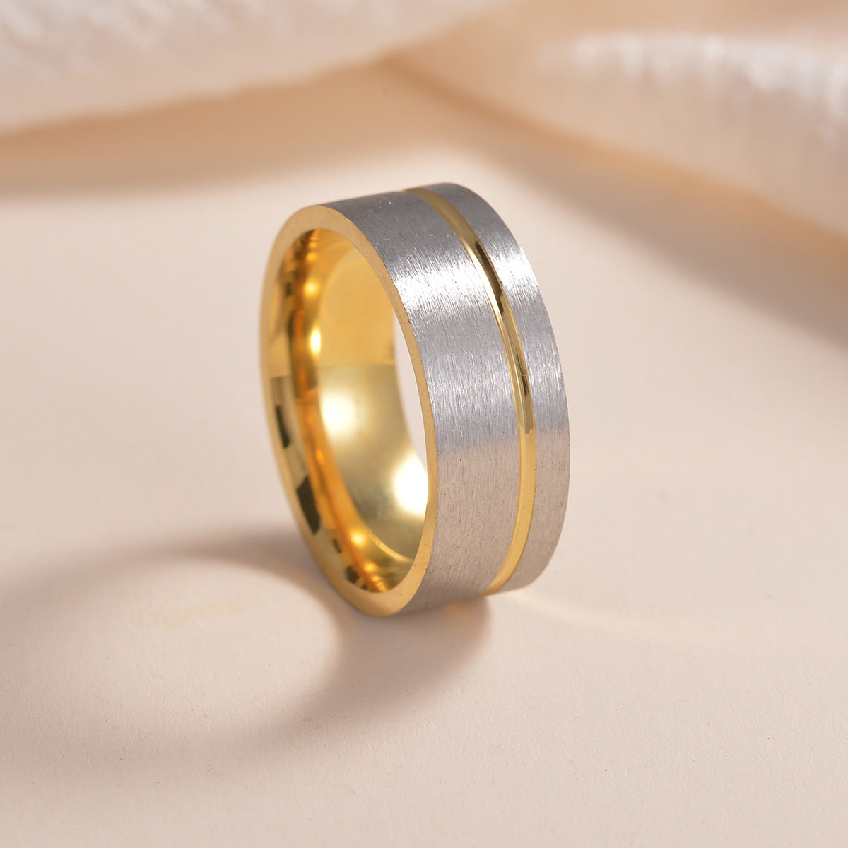 8mm Stainless Steel Men's Ring with Frosted Gold and Silver Finish