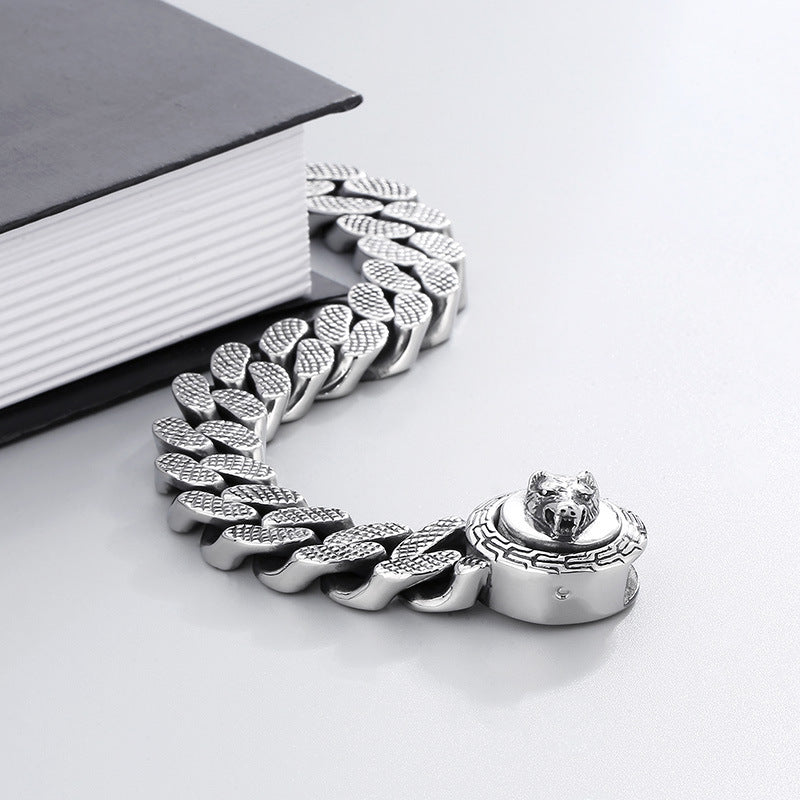 Bold Personalized Cuban Chain Bracelet with Wolf Head Buckle for Men