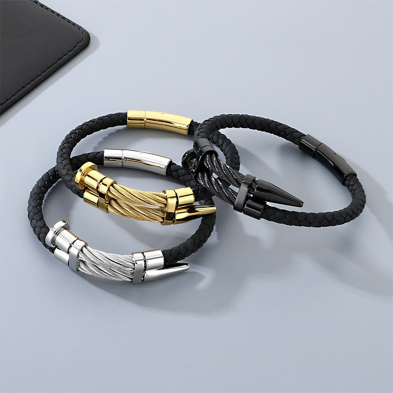 Steel Wire Nails Magnetic Buckle Bracelet – Punk Style Niche Dot Riveted Woven Leather