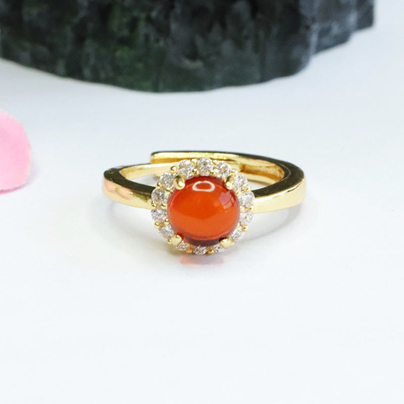 Amber Blood Zircon Ring with Halo Detail