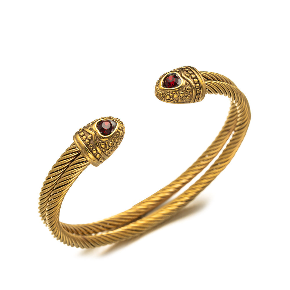 Planderful Unisex Stainless Steel Double Layer Twisted Wire Bracelet Red Zircon Gold Snake Head Clasp