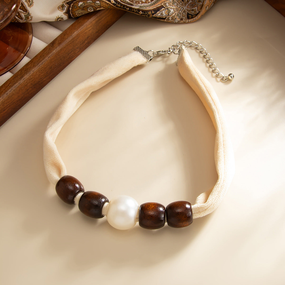 Wood Bead Pearl-Style Collarbone Necklace