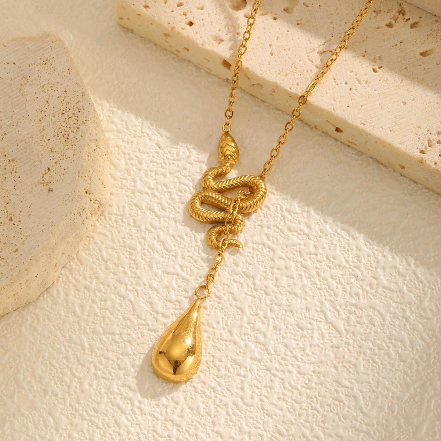 Ladies – Stainless Steel Gold Plated Snake Drop Y Necklace