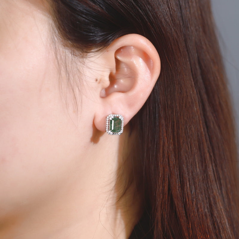 S925 Sterling Silver Moss Agate & Zircon Geometric Stud Earrings