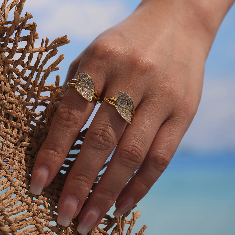 Planderful Zircon Side Opening Leaf Ring Non Fading Womens