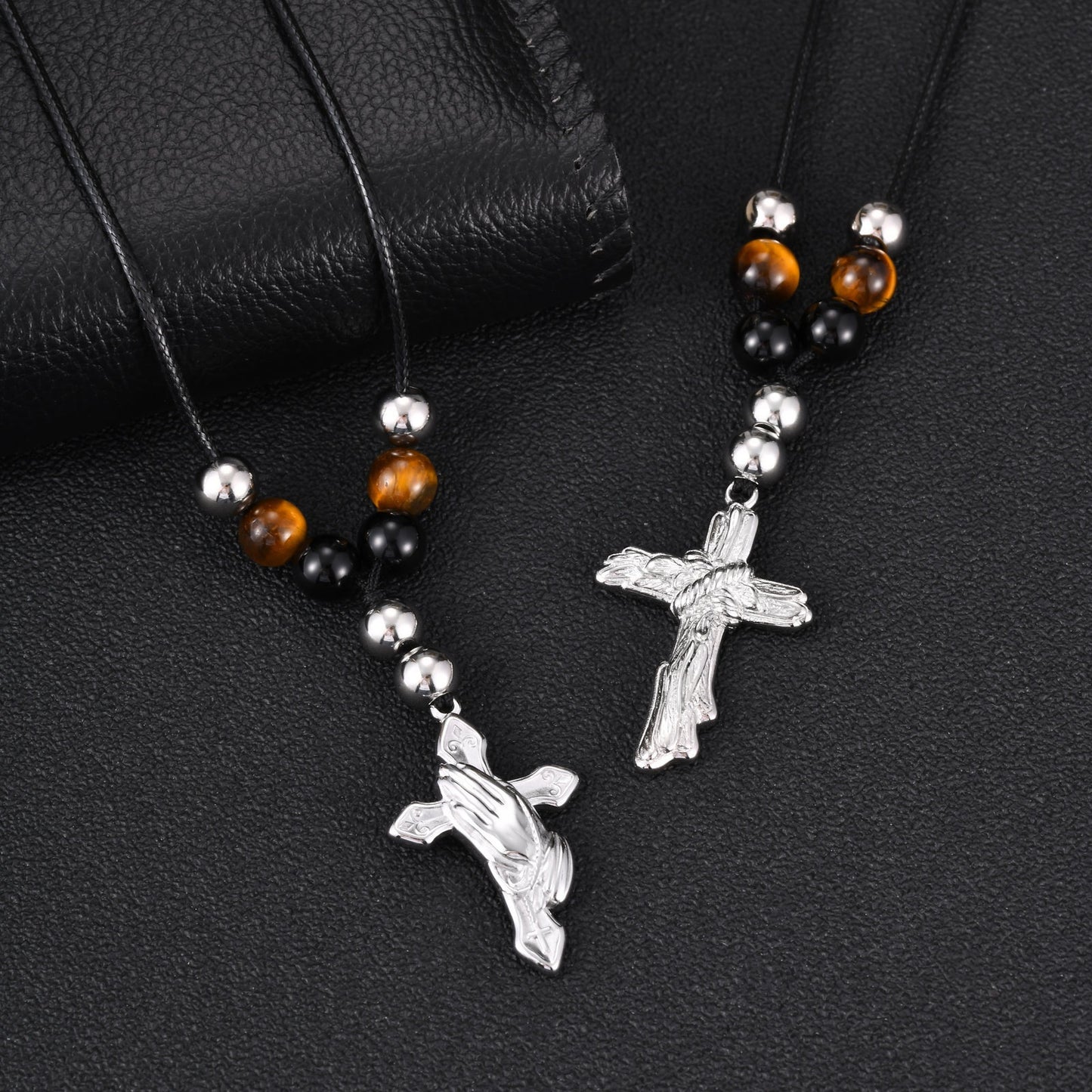 Stainless Steel Cross Agate Tiger's Eye Stone Beaded Adjustable Necklace