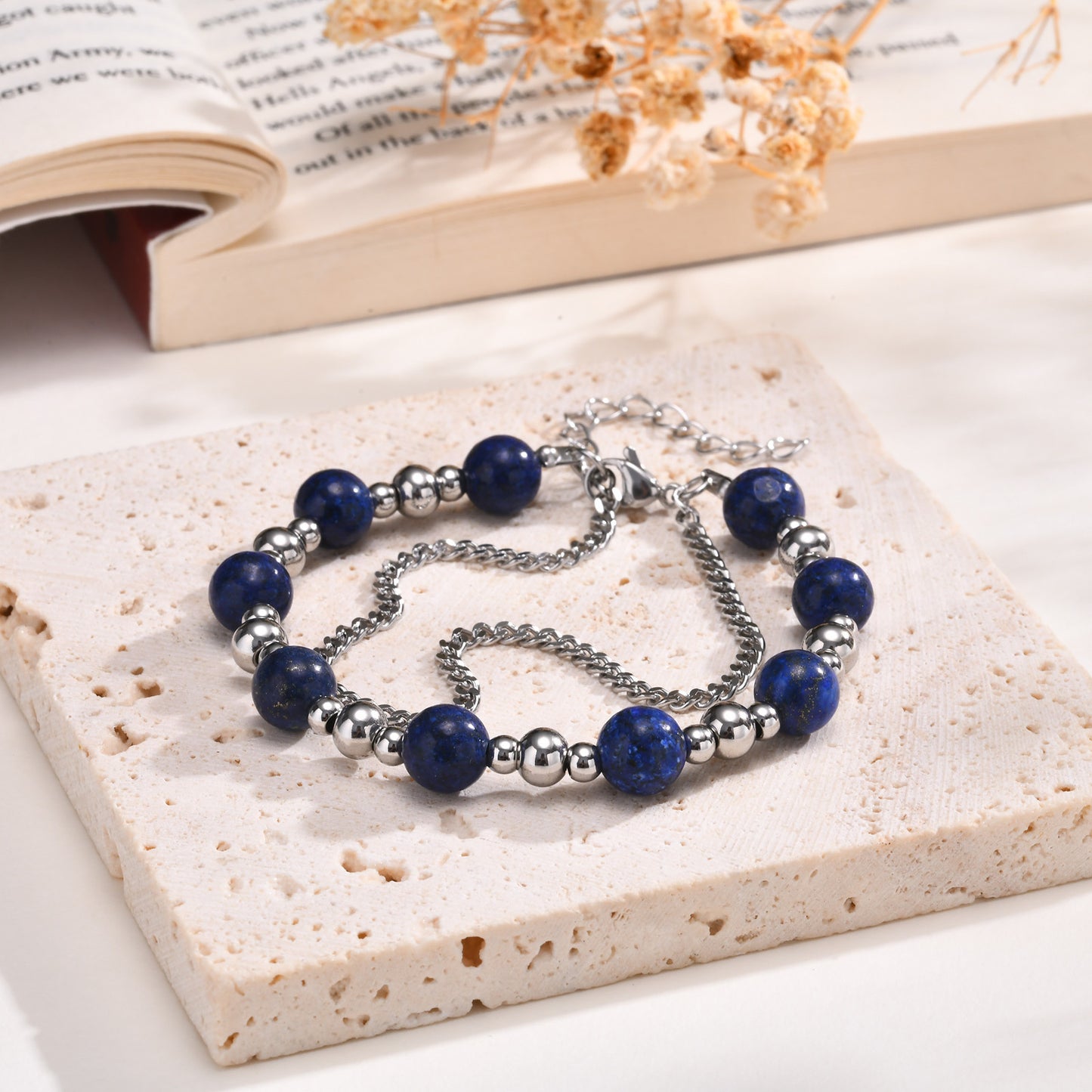 Stainless Steel Grinding Agate Lazuli Beaded Bracelet for Men