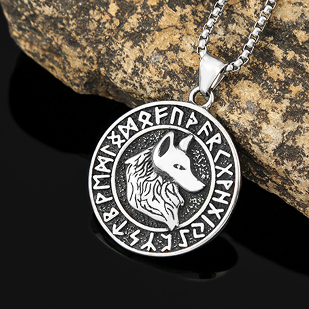 Titanium Steel Viking Wolf Head Pendant Retro Rune Necklace