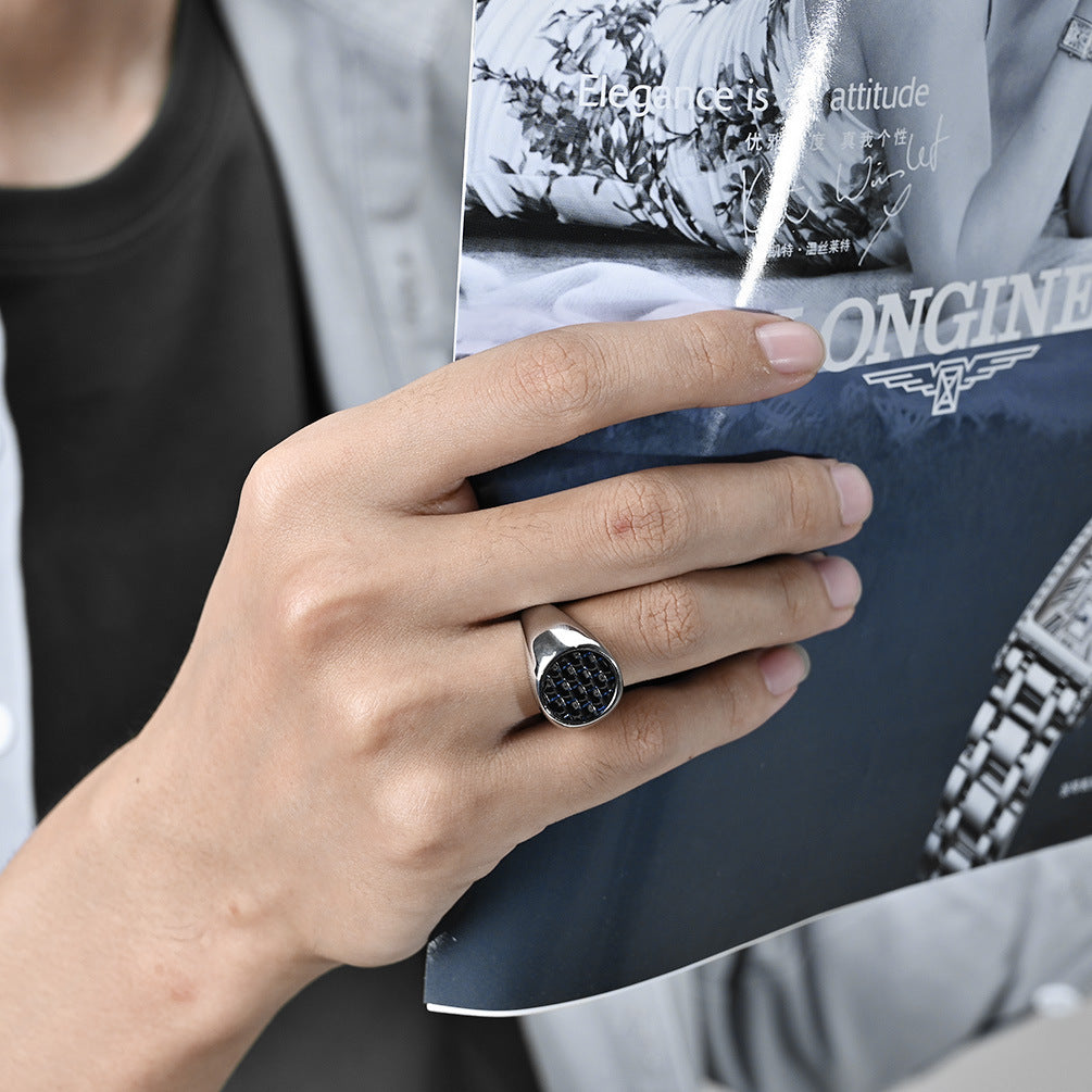 Planderful Carbon Fiber Inlaid Steel Ring For Men With Luxury Geometric Round Design Everyday Genie Collection