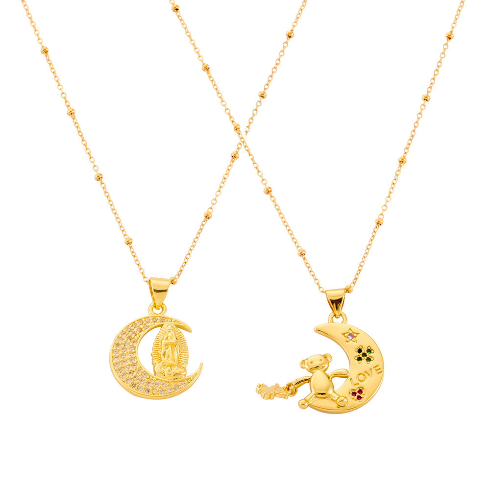 Moon Bear Pendant Gold-Plated Necklace with Zircon Bead Chain - Stylish European American Jewelry