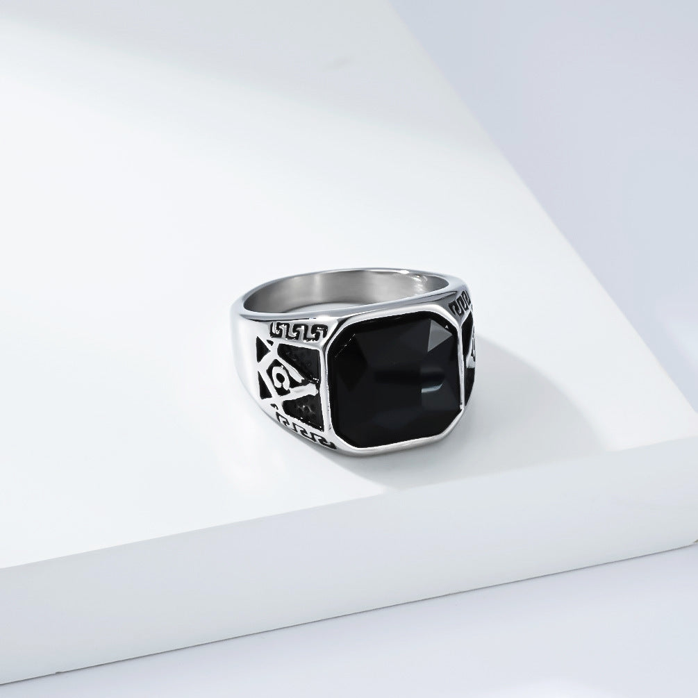 Planderful Freemason Black Stone Ring For Men Unisex Retro Fraternity Symbol Everyday Genie