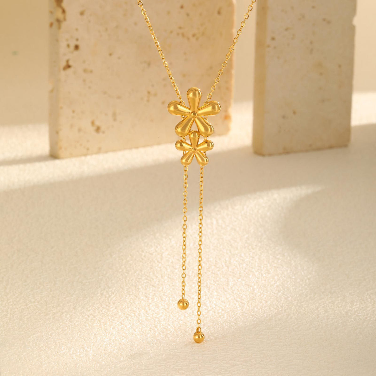 Style Women Stainless Steel Flat Cross Chain Double Flower Y-Shaped Necklace Gold