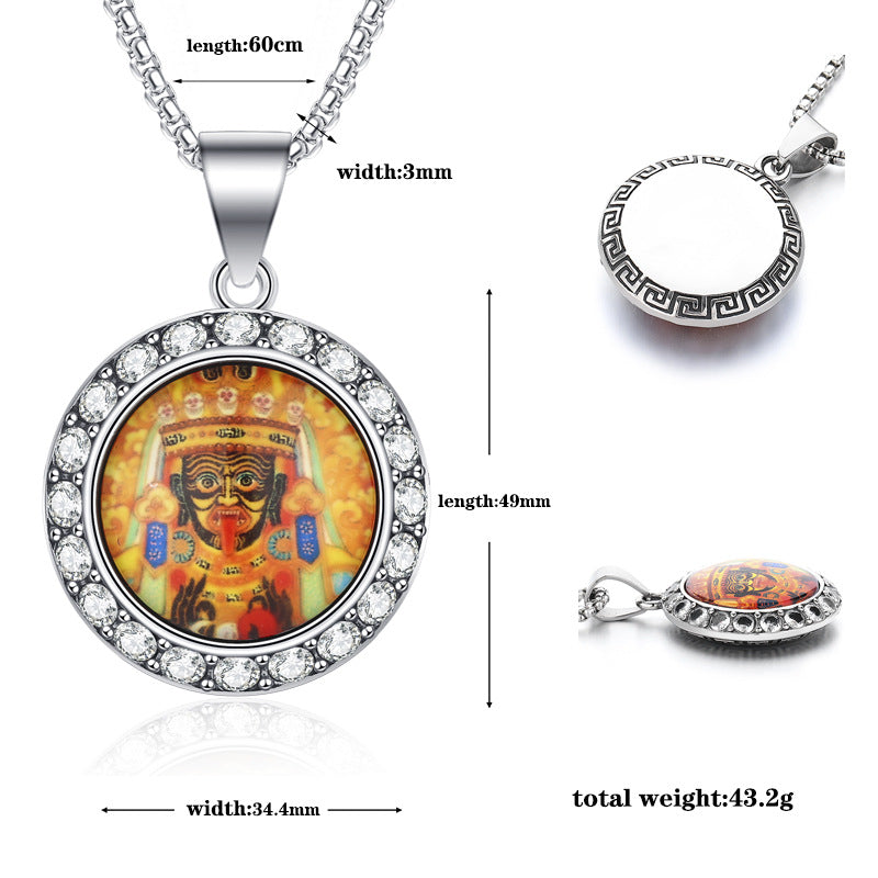 Steel Necklace - Elegant Chinese Amulet Pendant With Zircon Inlay Temple Fair Style