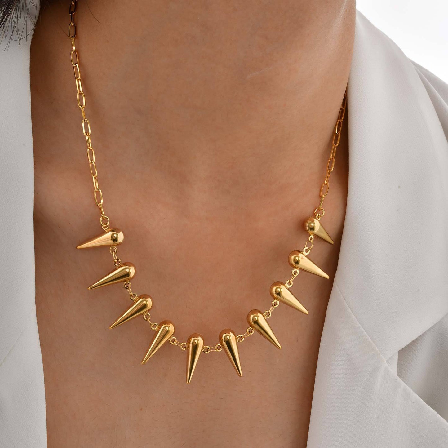 Stainless Steel Women's Hollow Water Drop Small Square Chain Cone Rivet Necklace Gold