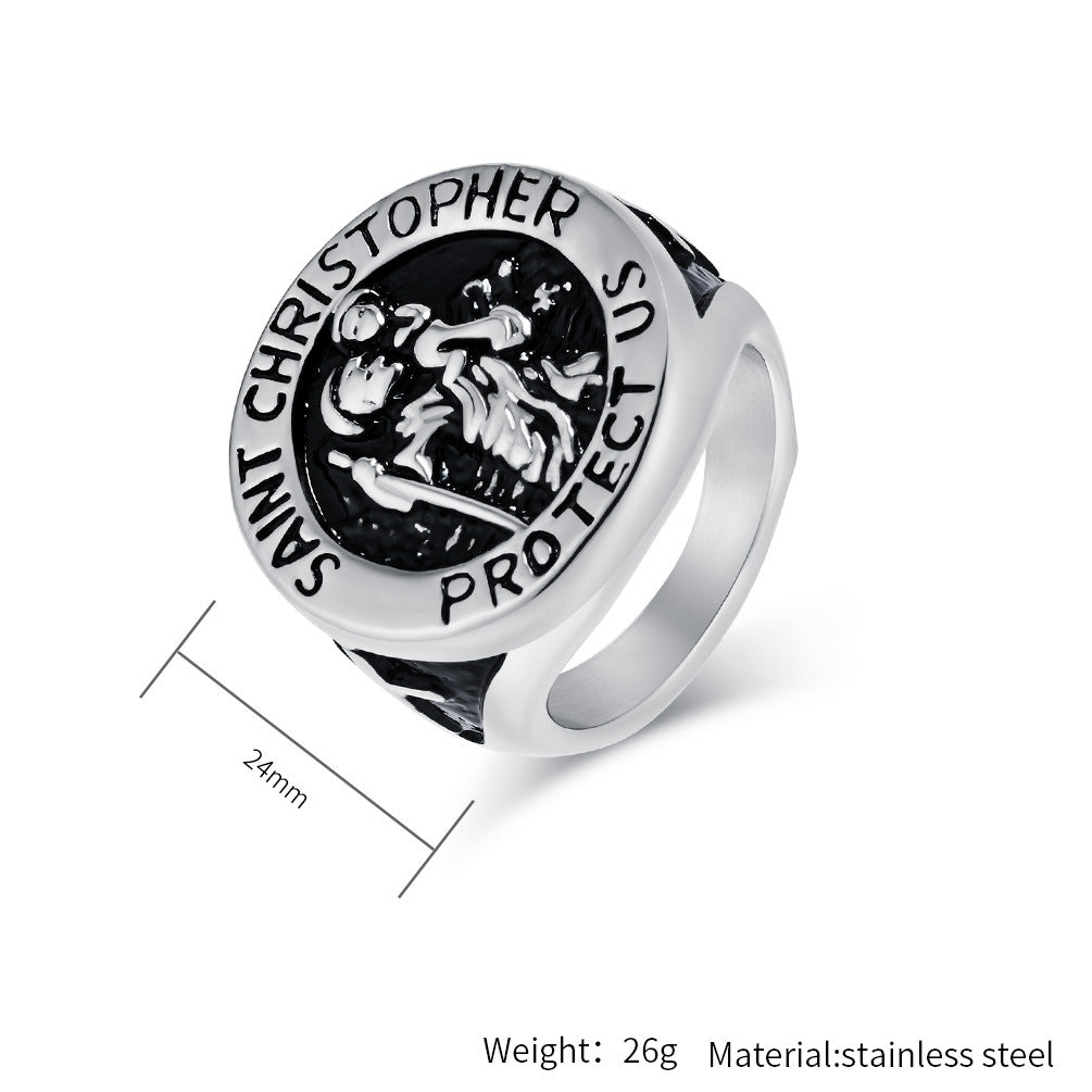 Planderful St Christopher Titanium Steel Ring For Men Retro Punk Street Style Premium Hand Jewelry Everyday Genie