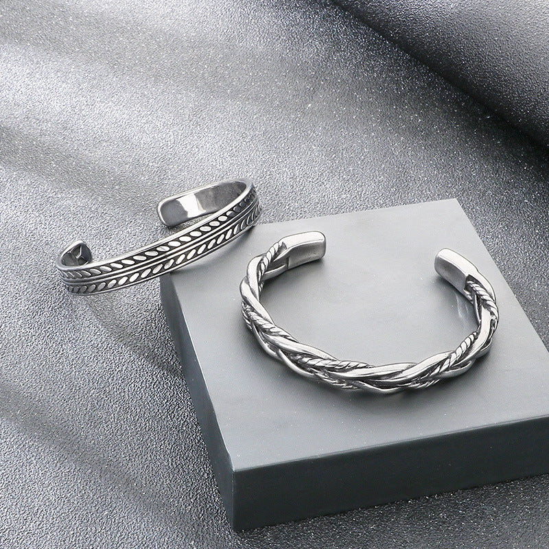 Antique Leaf Pattern C-Shaped Bracelet – Punk Style Leaf Pattern Twist Woven Stainless Steel