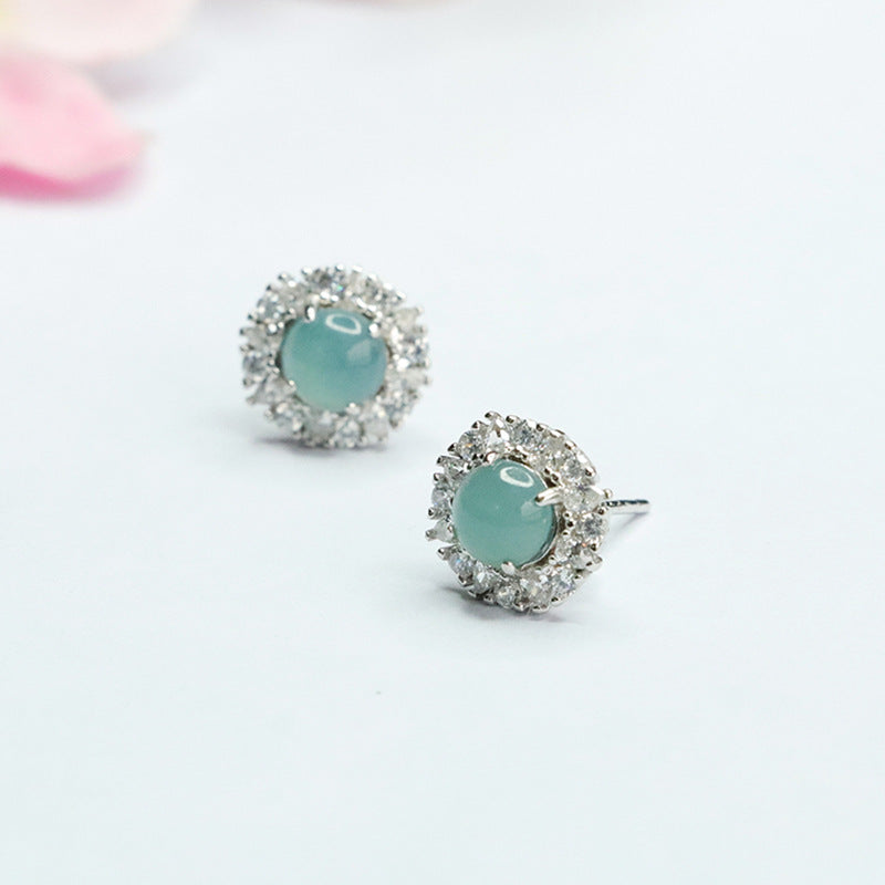 Icy Blue Jadeite Cabochon 925 Silver Stud Earrings