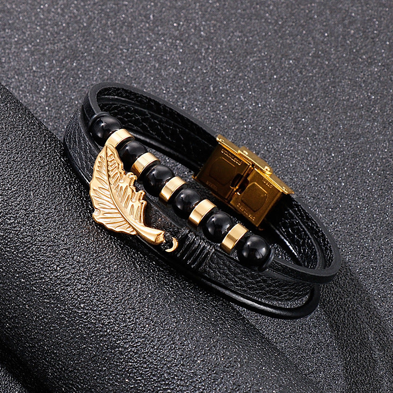 Planderful Multi Layer Feather Woven Leather Bracelet For Men