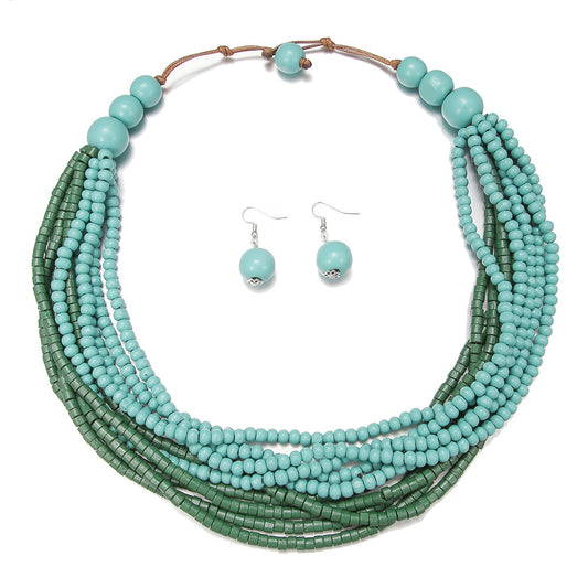 Exquisite Ethnic Style Wooden Bead Necklace with Vibrant Colors - Handmade Boho Jewelry Set