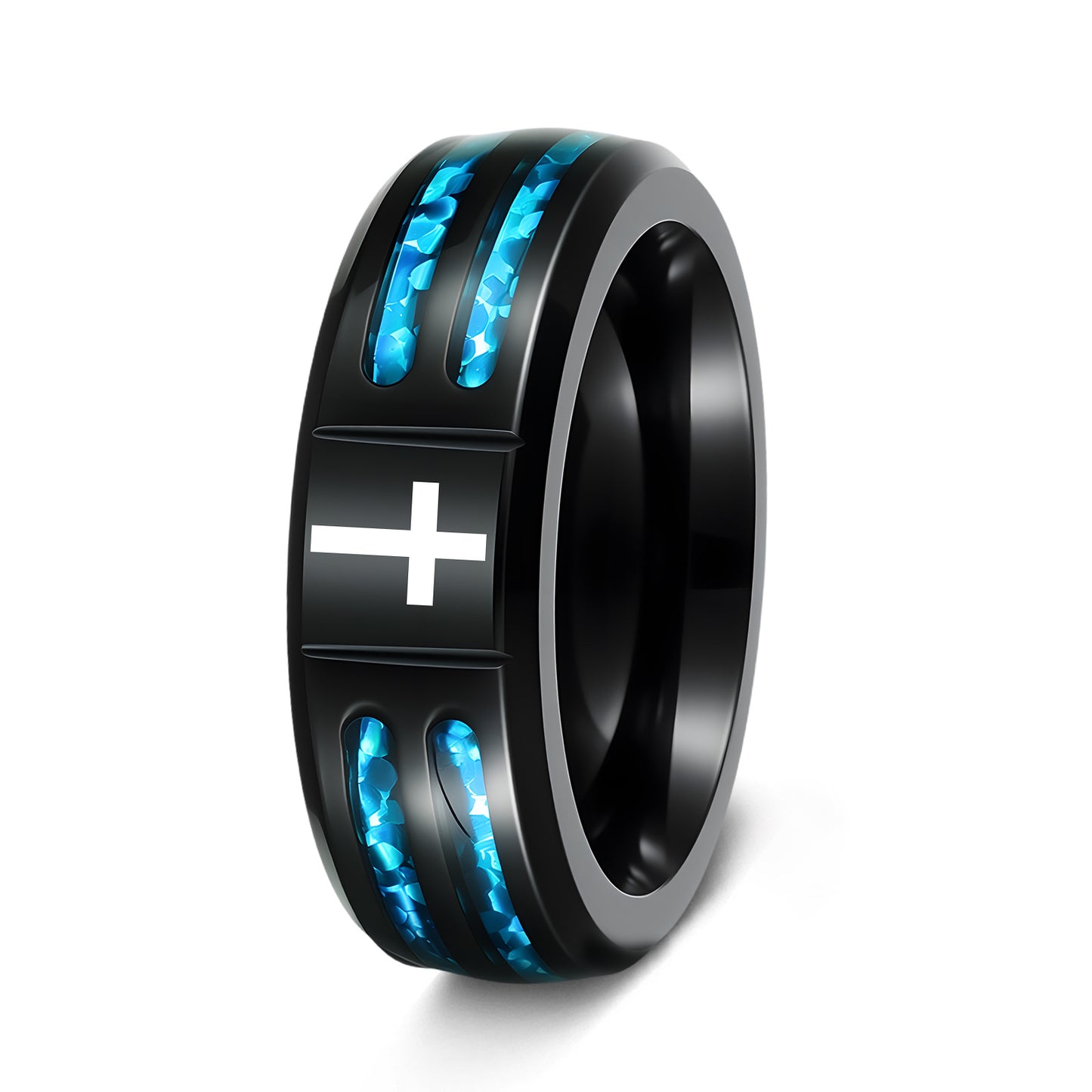Planderful Masonic Opal Cross Ring For Men And Unisex Inlaid Blue Imitation Opal Shield Steel
