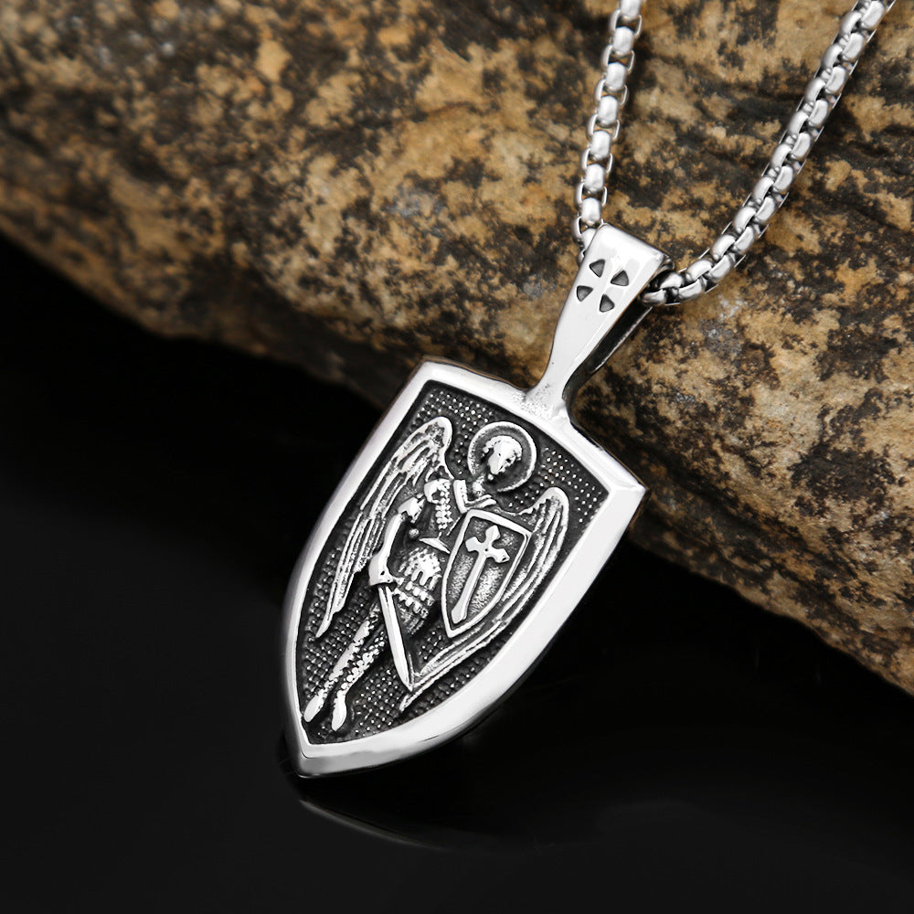 Retro Angel Cross Shield Pendant Necklace for Men