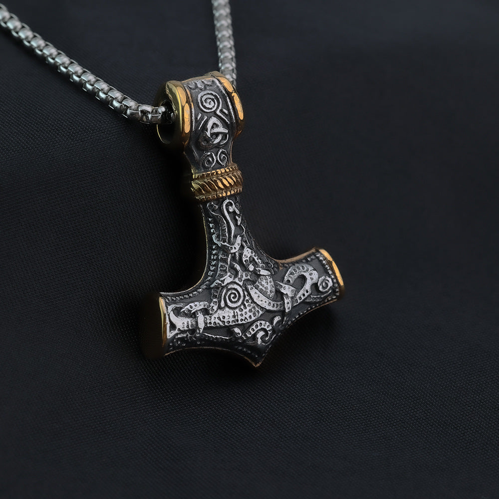 European and American Jewelry Wholesale Titanium Steel Men's Pendant Necklace Retro Viking Thor's Hammer for Men