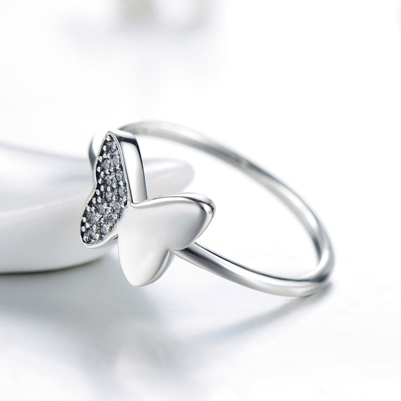 Elegant Butterfly Sterling Silver Ring with Zircon Micro Inlay