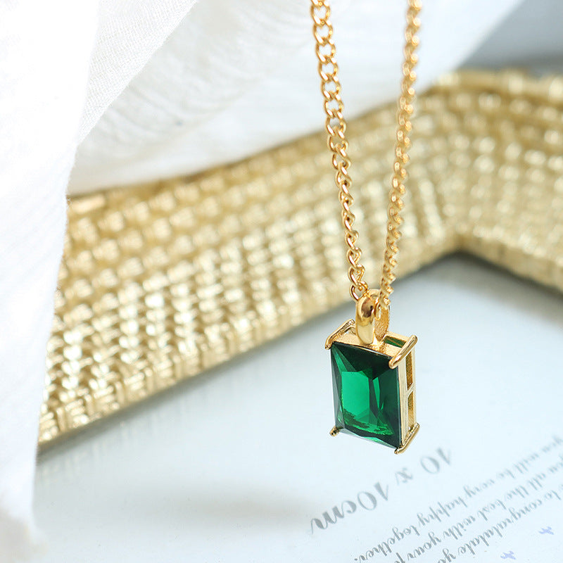 Emerald Zircon Square Pendant Necklace - Elegant Titanium Steel Design