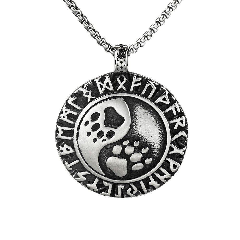 1) Planderful Viking Rune Pendant Necklace For Men In Stainless Steel With Personalized Paw Motif Gift
