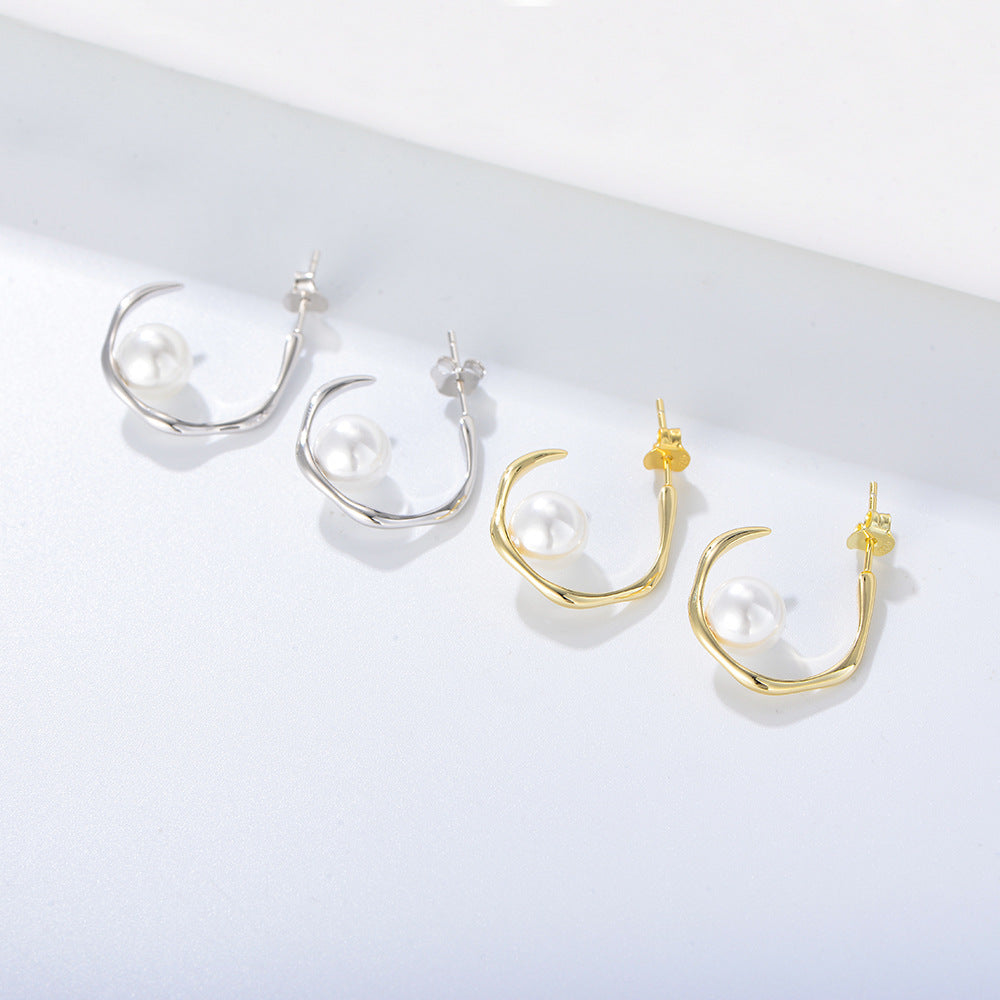 Geometric C-Shaped Shell Bead Silver Stud Earrings S925 Sterling Silver Pearl Earrings
