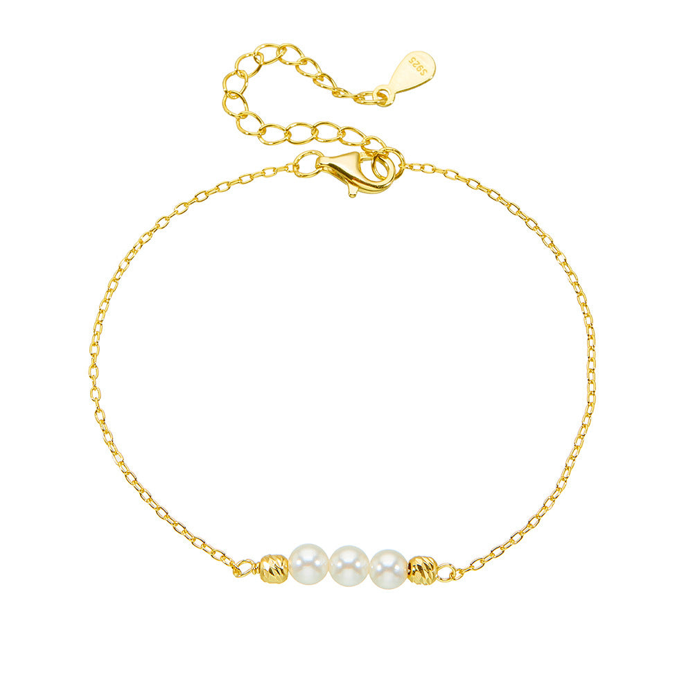 S925 Sterling Silver Beaded Pearl Bracelet And Elegant