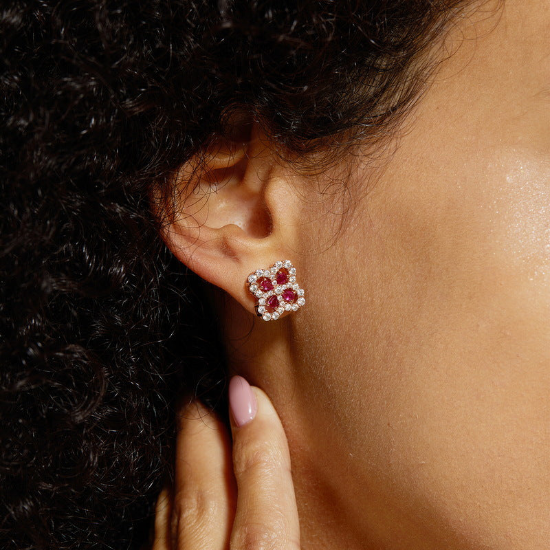 S925 Sterling Silver Lab-Grown Ruby Four-Leaf Clover Stud Earrings