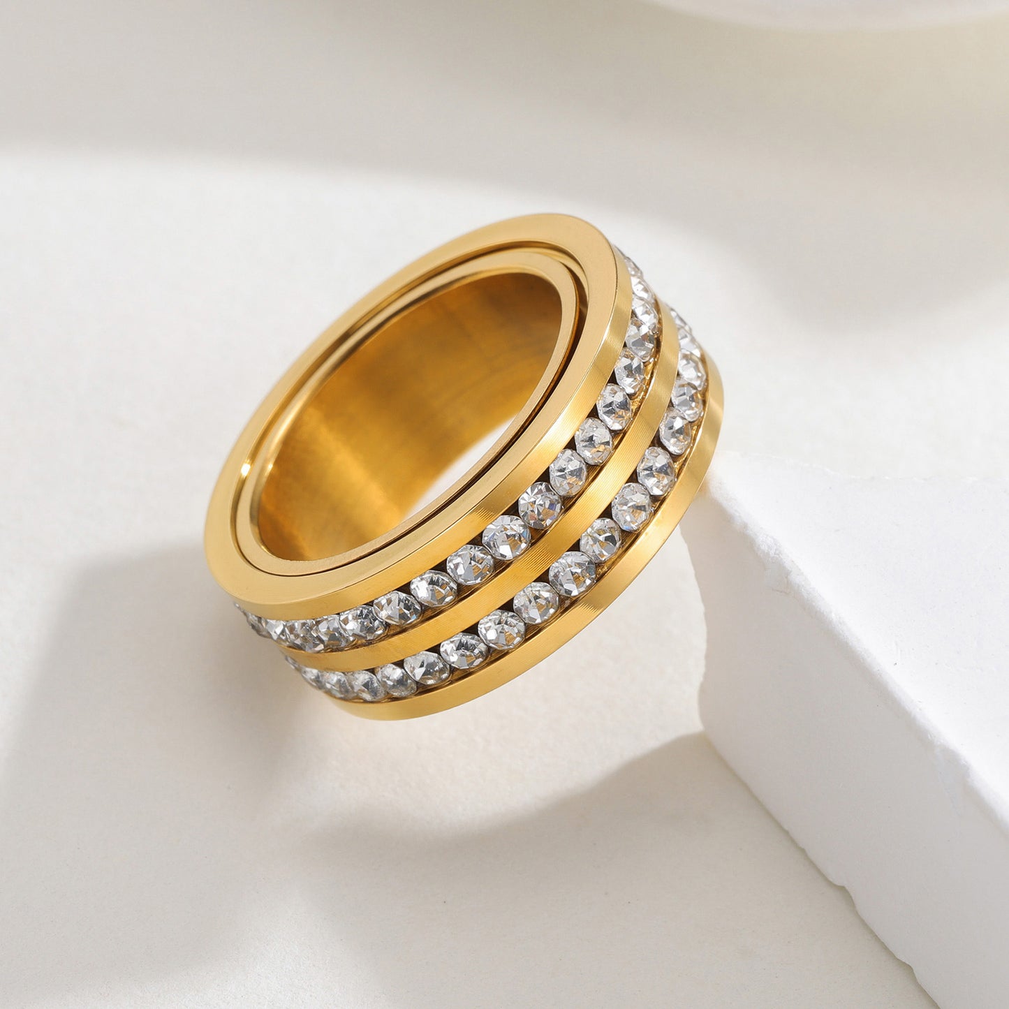Planderful Everyday Genie Zircon Stainless Steel Ring Rotatable Double Row 8mm Gypsy Unisex Jewelry