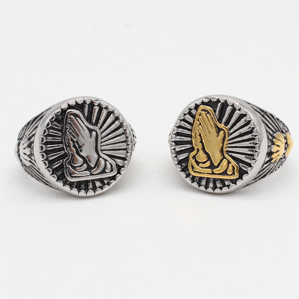 Rustic Prayer Hand Men's Titanium Steel Ring - Wholesale Foreign Trade Jewelry