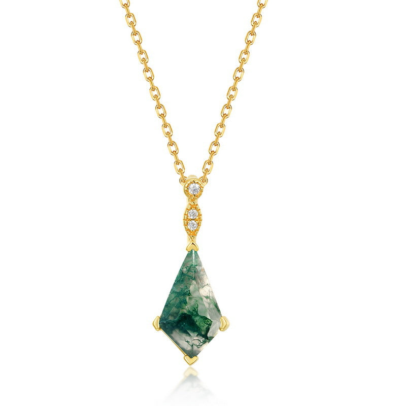 S925 Sterling Silver Gold-Plated Moss Agate Geometric Pendant Necklace