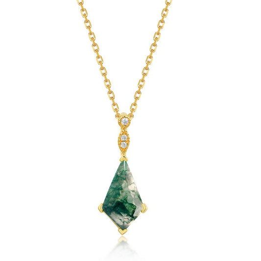 S925 Sterling Silver Gold-Plated Moss Agate Geometric Pendant Necklace
