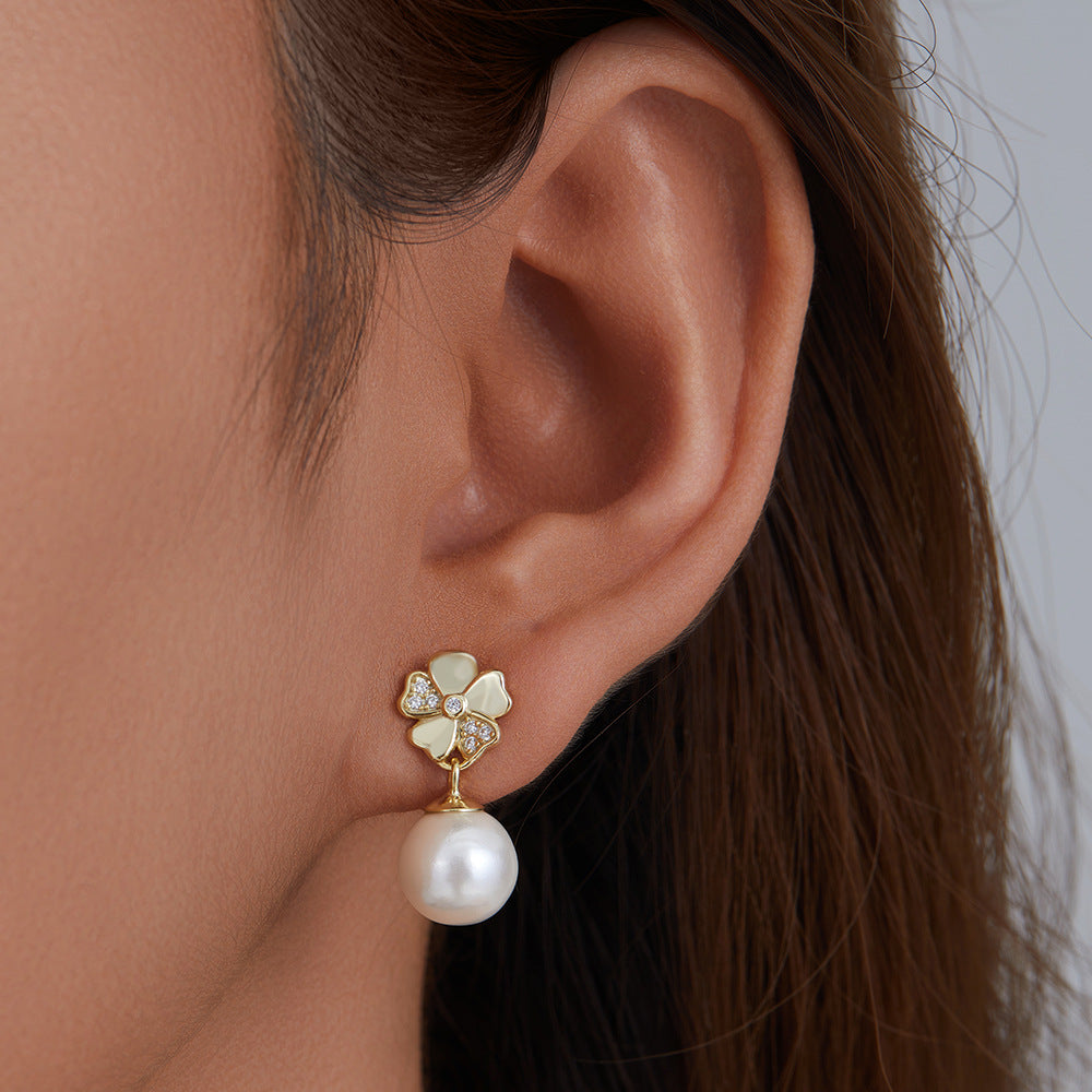 Pearl Earrings S925 Silver Inlaid Zircon Clover Flower Real Gold Electroplated Stud Earrings
