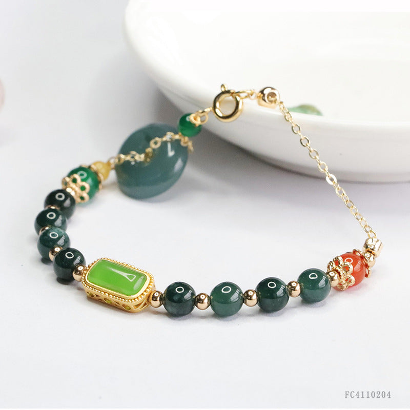 Blue Water Jadeite Peace Buckle & Round Bead 5~6 mm Bracelet