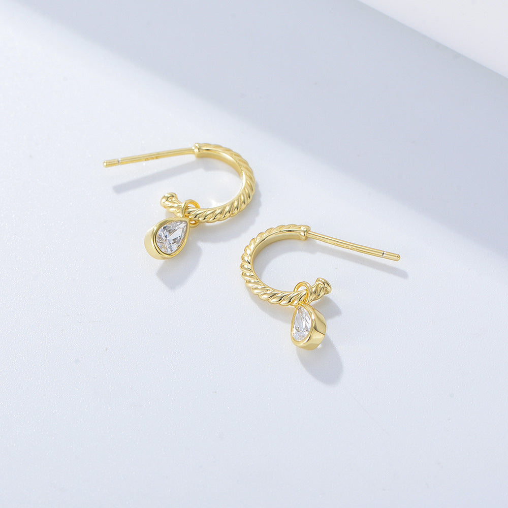 Classic Earrings Tremella S925 Sterling Silver C-Shaped Stud Earrings, Water Drop-Shaped Zircon Earrings.