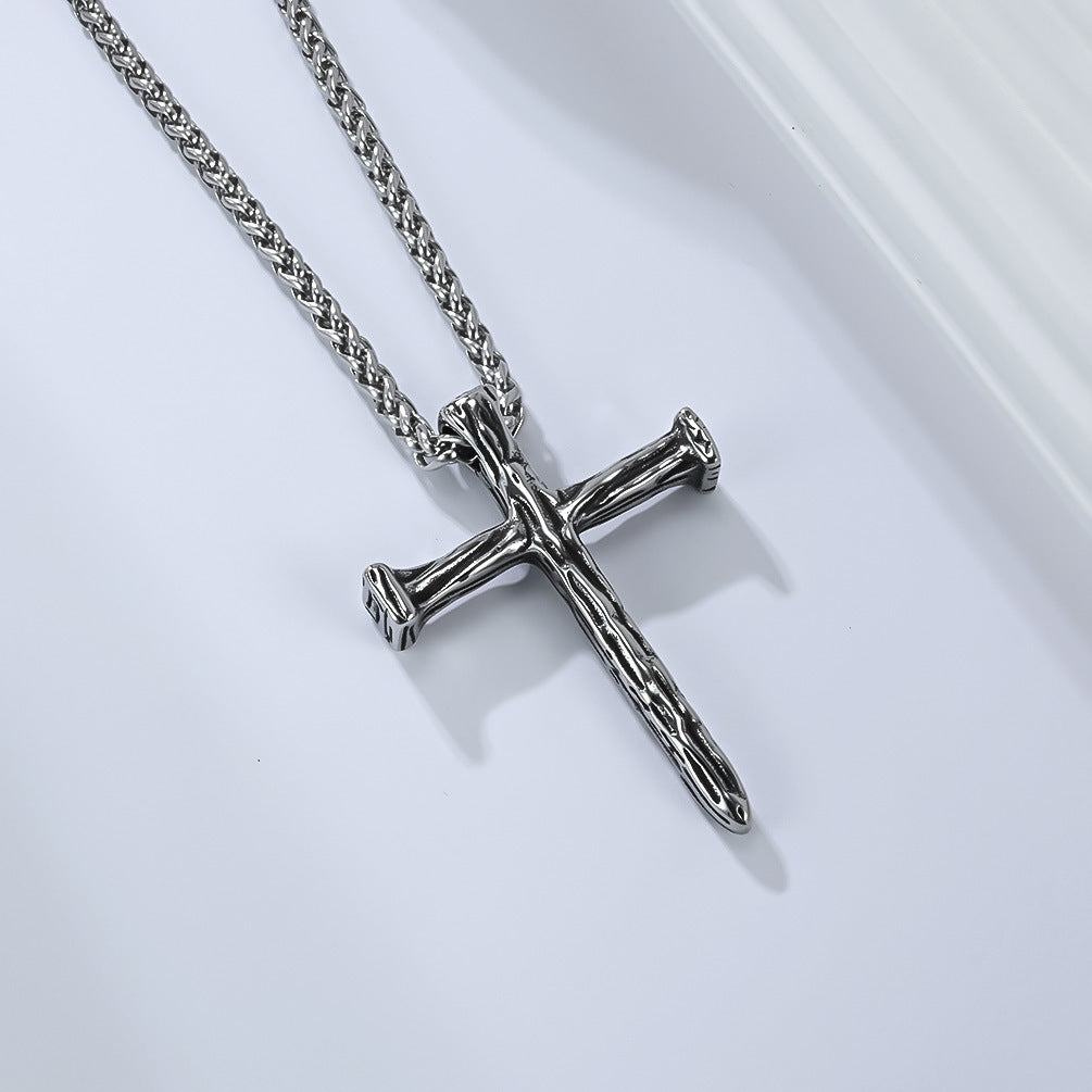 Planderful Wood Grain Cross Necklace For Men Vintage European American Style Titanium Steel Pendant Jewelry