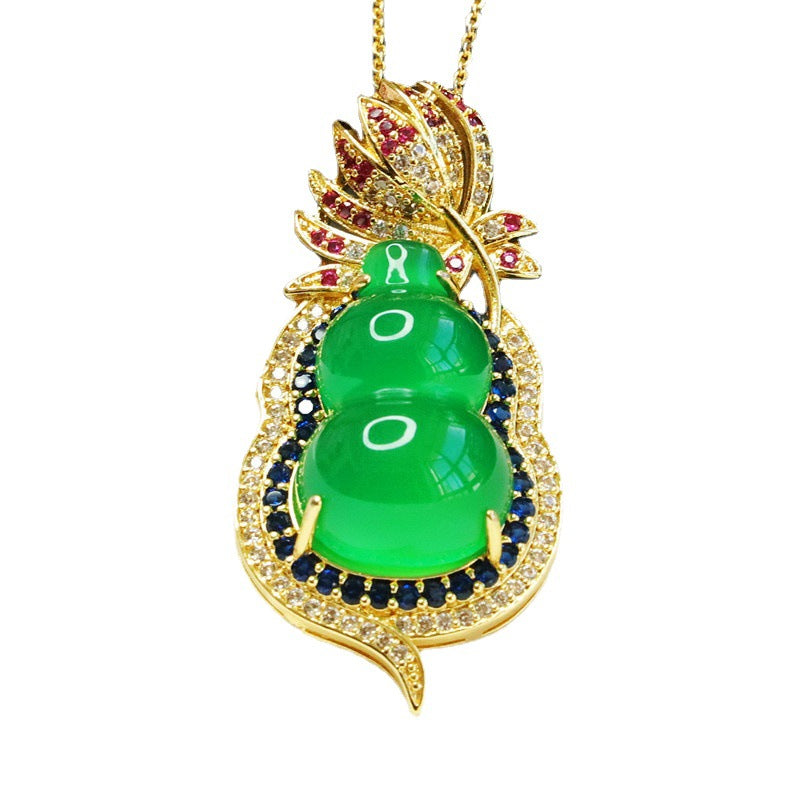 Chalcedony Gourd Pendant Necklace with Zircon Flower Detail